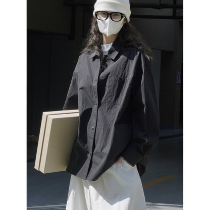 Women's Oversized Cotton Shirt Jacket with Chest Pocket and Extended Back EVA-US