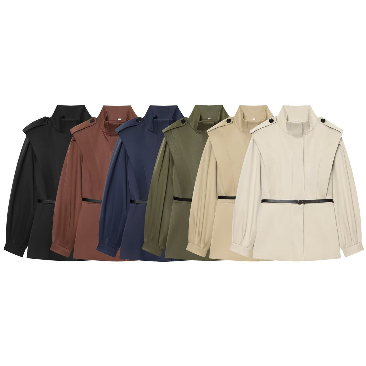 Women Short Cape Trench with High Funnel Collar and Waist Belt EVA-US