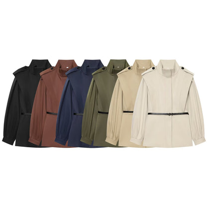 Women Short Cape Trench with High Funnel Collar and Waist Belt EVA-US