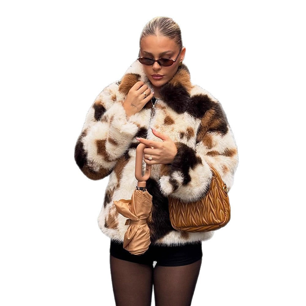 Women's Short Patchwork Faux Fur Blouson with Stand Collar and Concealed Zipper EVA-US