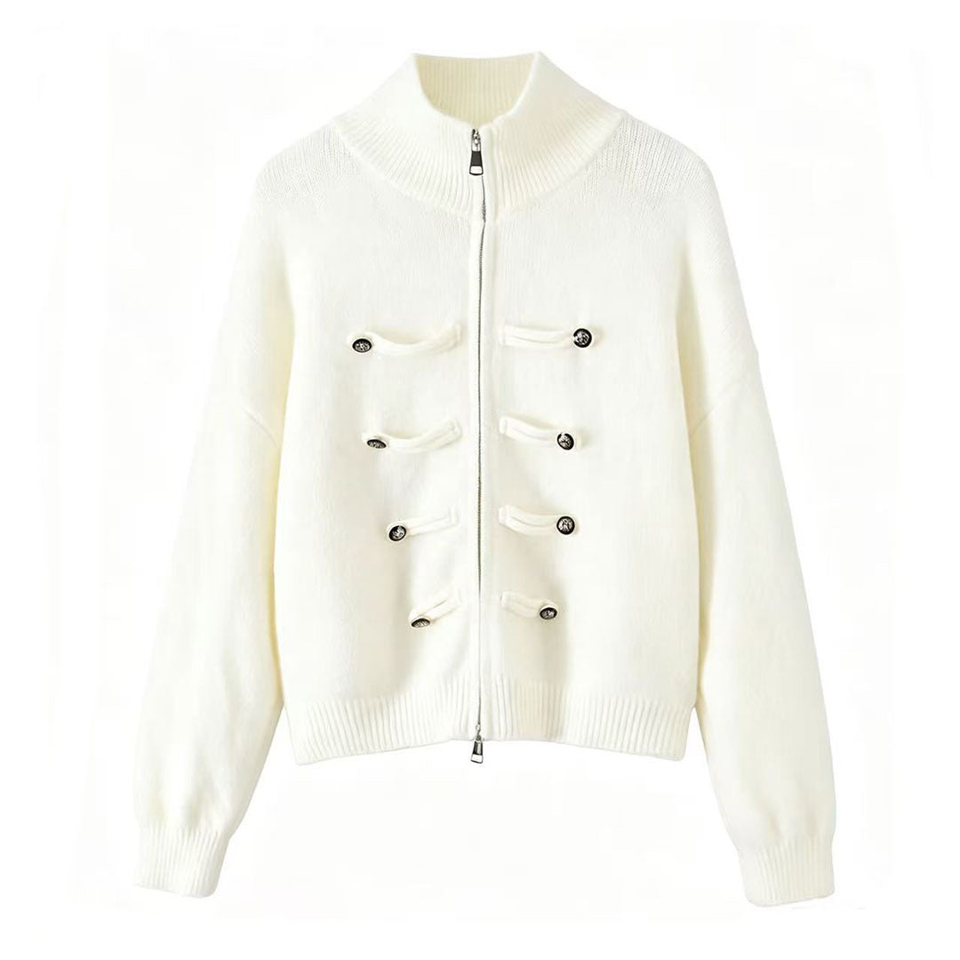 Ladies cardigan with stand-up collar, zipper and decorative knot trims EVA-US