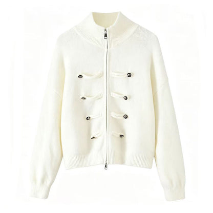 Ladies cardigan with stand-up collar, zipper and decorative knot trims EVA-US