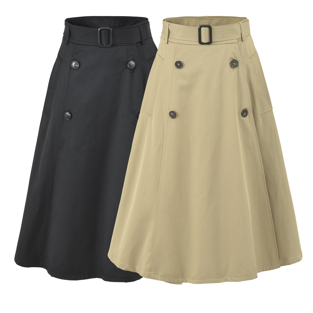Women's A-Line Trench Skirt with Waist Belt and Decorative Button Placket EVA-US