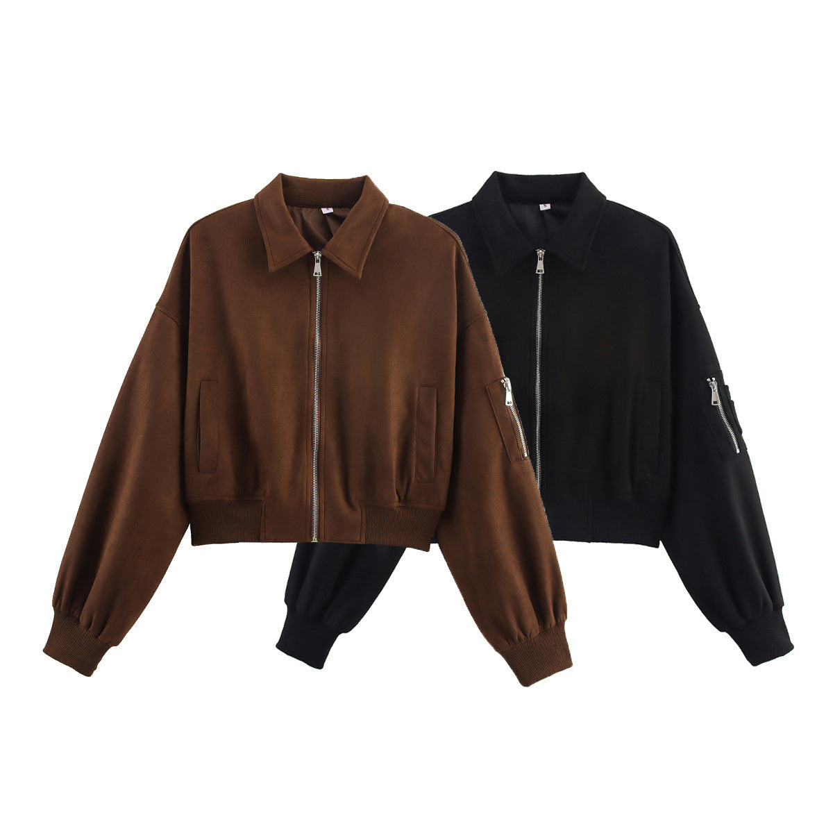 Women's cropped bomber jacket in velour look with shirt collar, sleeve pocket, and fitted ribbed waistband.