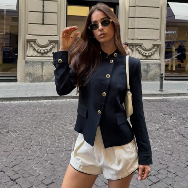 Women's Tailored Blazer with Stand Collar and Golden Decorative Buttons EVA-US