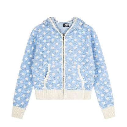 Women Fluffy Hooded Zip Jacket with Polka Dot Jacquard and Pockets EVA-US