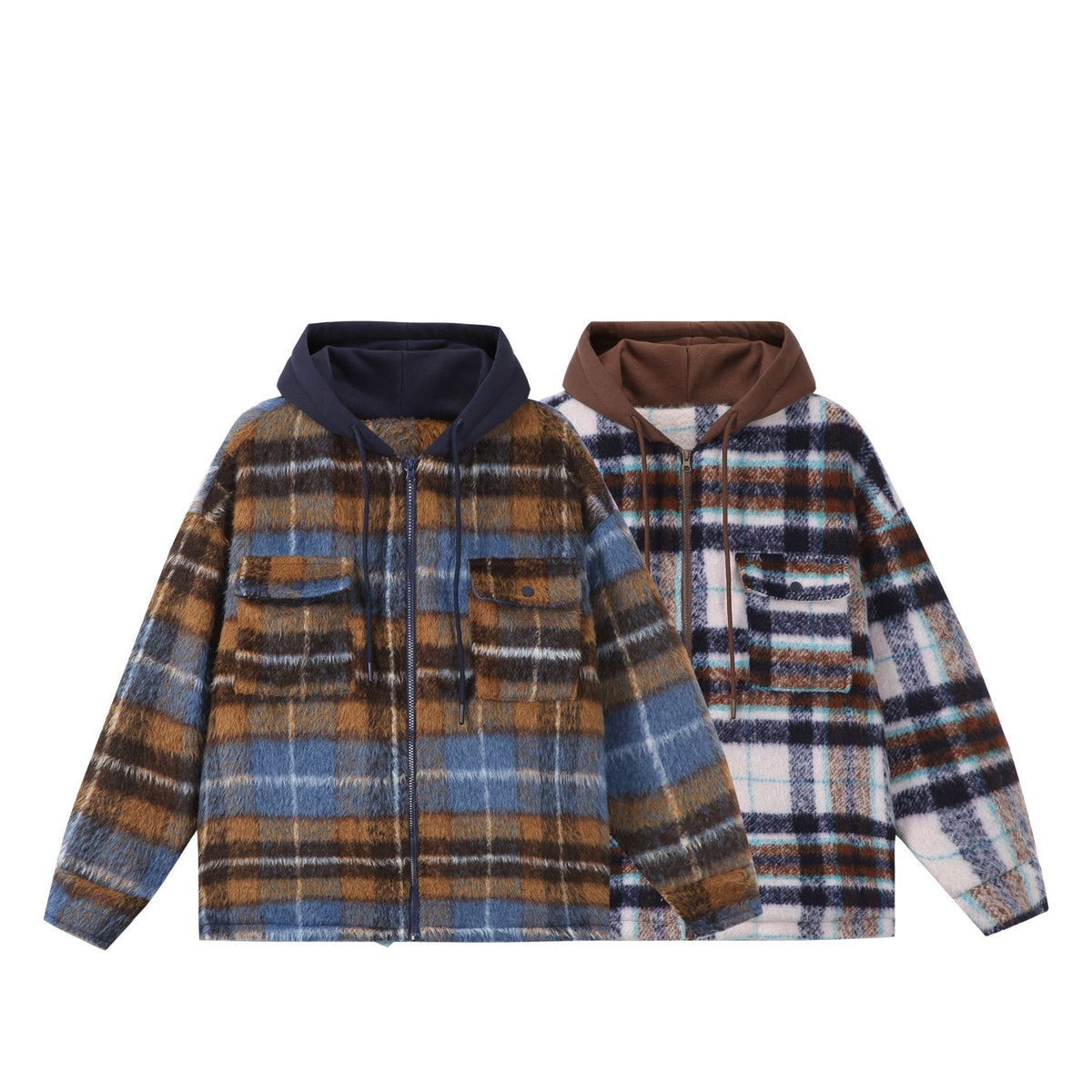 Unisex short cut plaid faux fur jacket with hood and zipper EVA-US