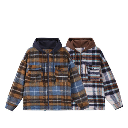 Unisex short cut plaid faux fur jacket with hood and zipper EVA-US