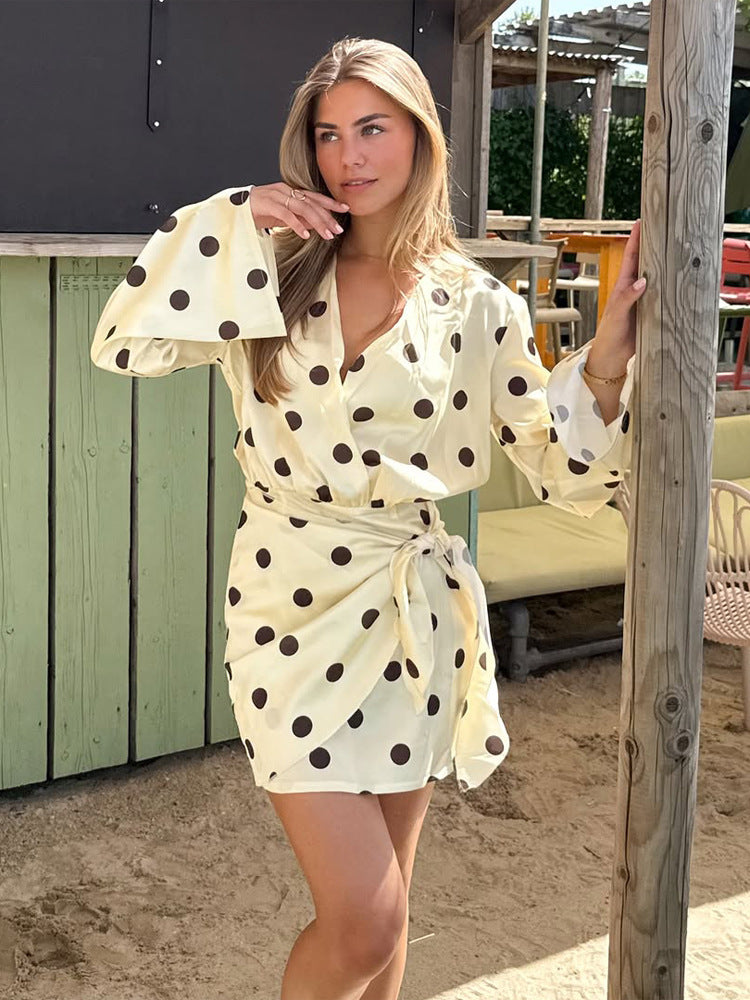 Ladies wrap mini dress with V-neck, bell sleeves and polka dot print EVA-US