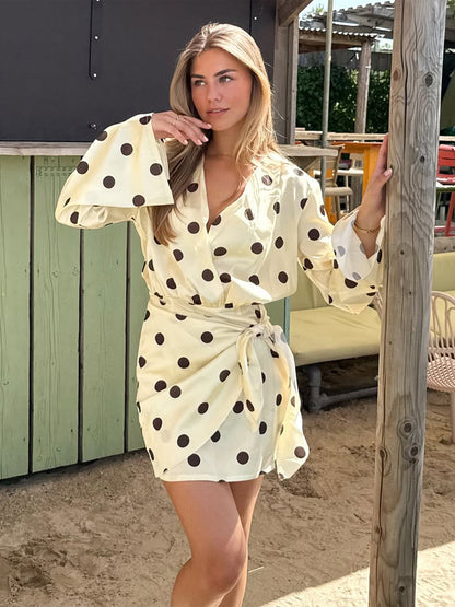 Ladies wrap mini dress with V-neck, bell sleeves and polka dot print EVA-US