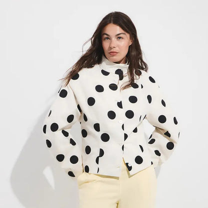 Women's Polka Dot Stand Collar Blouse with Oversized Sleeves and Boxy Cropped Silhouette EVA-US