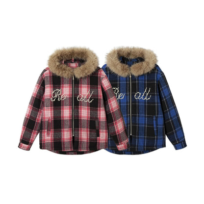 Women's checked wool blend blouson with detachable faux fur collar and pearl appliqué EVA-US