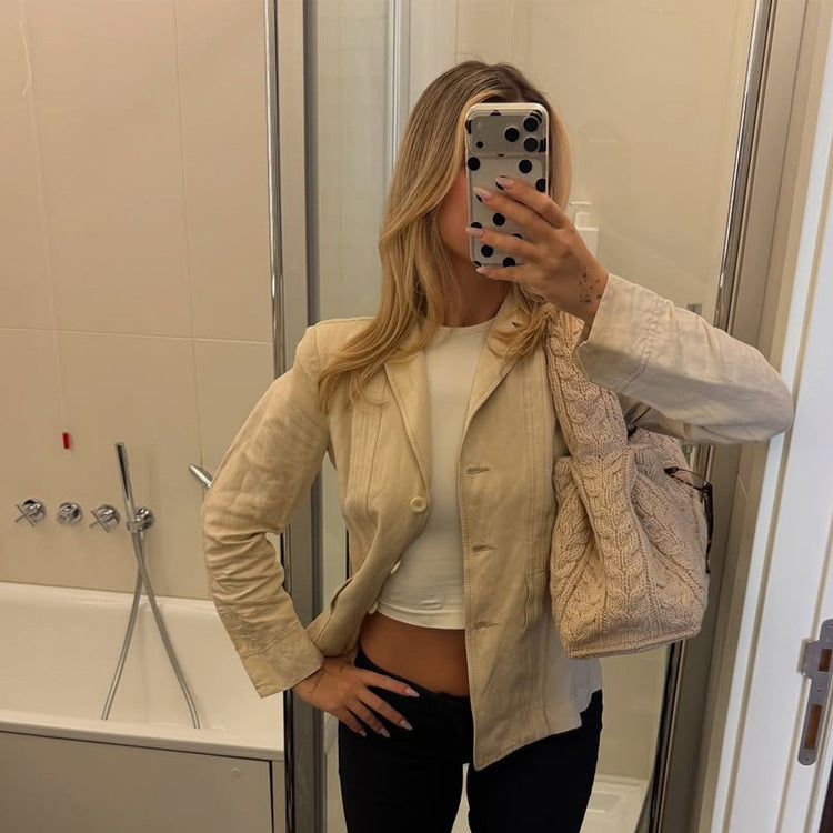 Women Lightweight Structured Linen Blazer with Relaxed Fit, One-Button Closure & Flap Pockets EVA-US