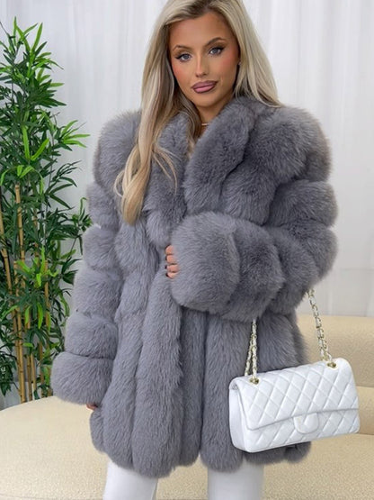 Ladies short coat made of faux fur with voluminous panels and shawl collar EVA-US
