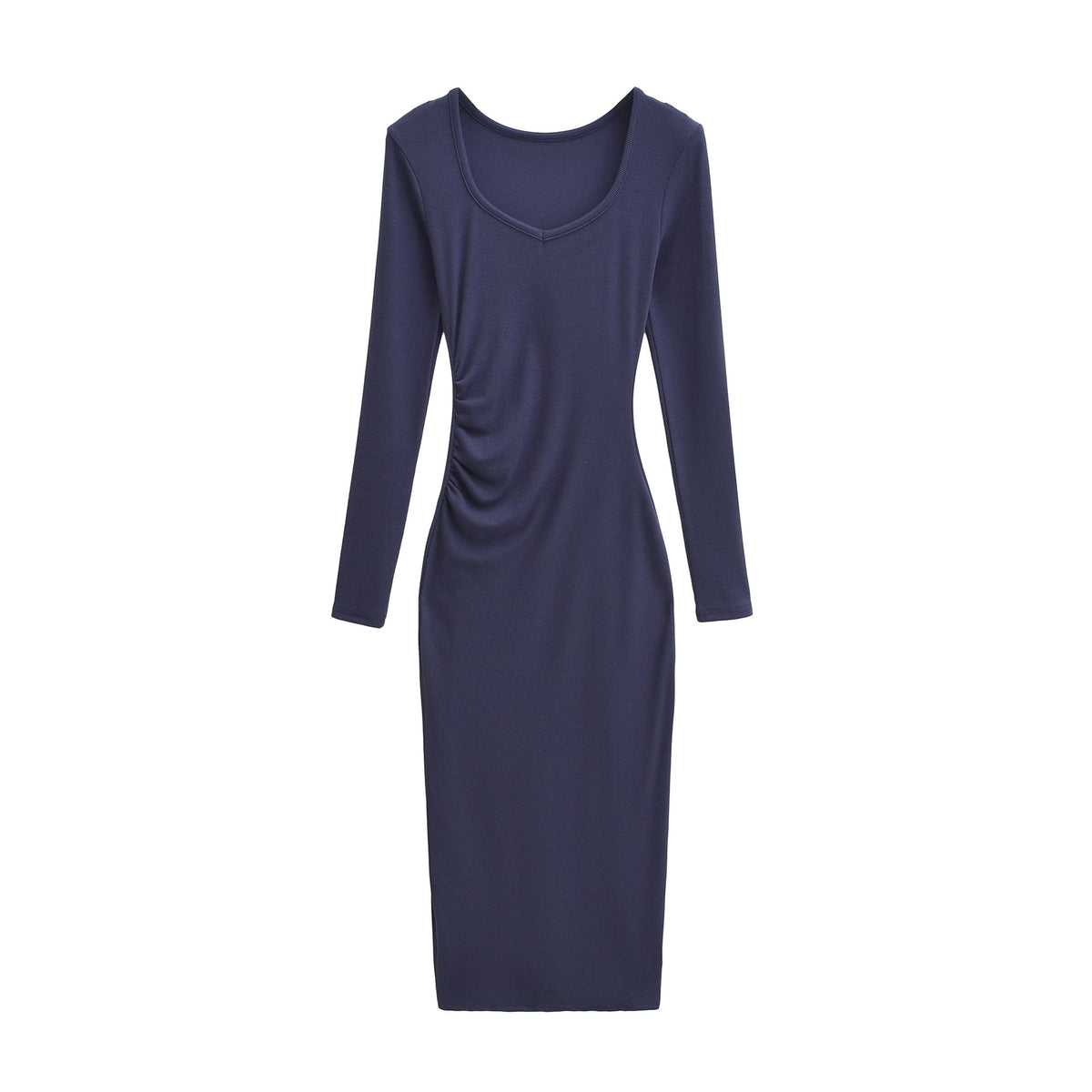 Women's Fitted Midi Dress with Side Ruching and Double Neckline EVA-US