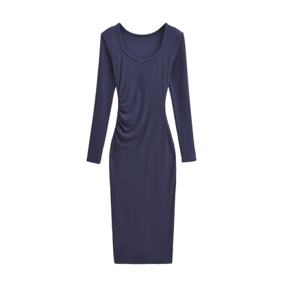 Women's Fitted Midi Dress with Side Ruching and Double Neckline EVA-US
