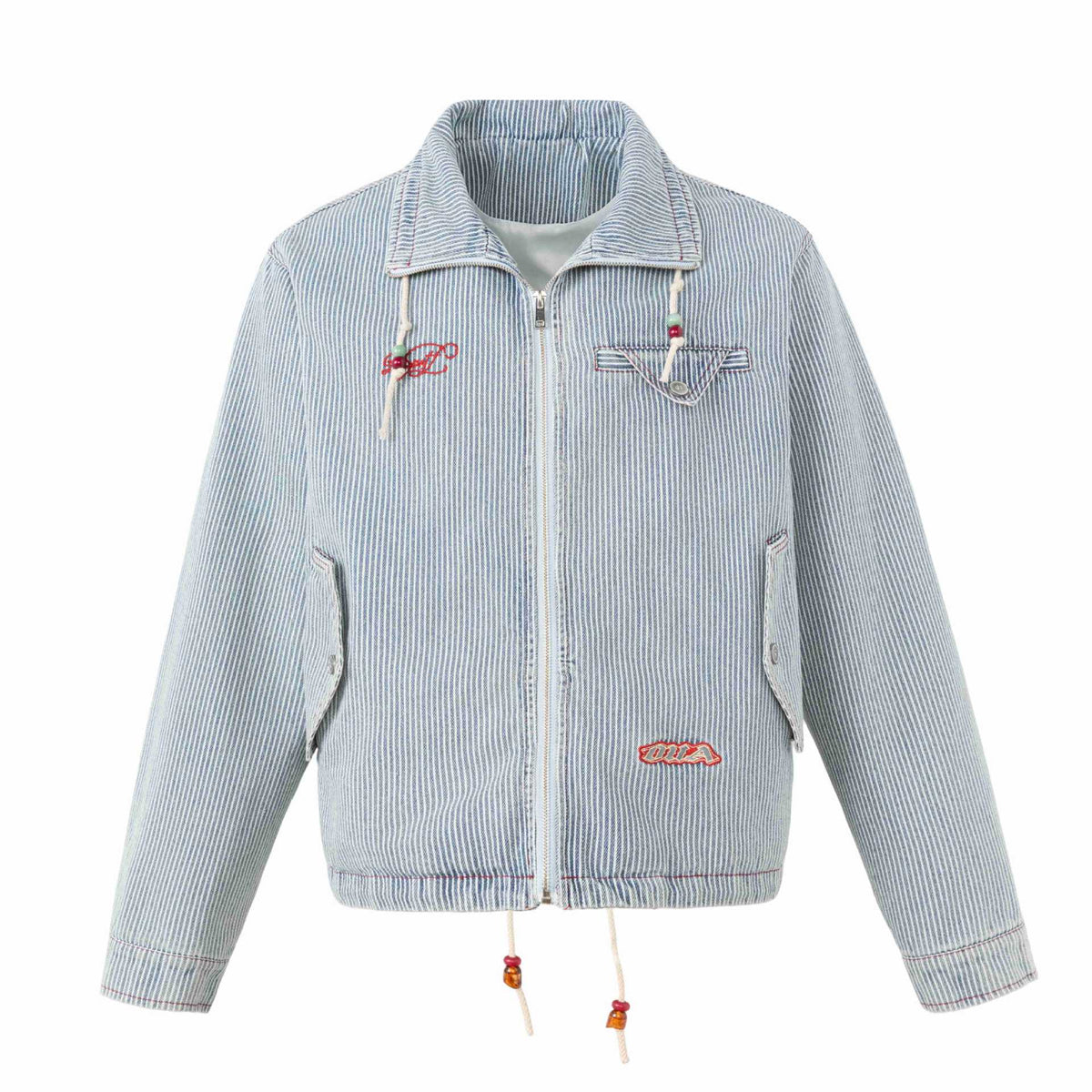 Unisex Short Striped Denim Blouson Jacket with Decorative Cords EVA-US