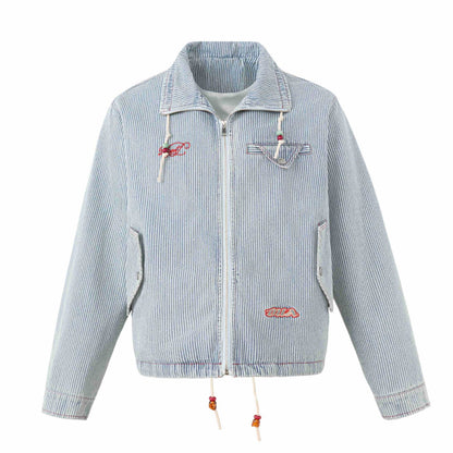 Unisex Short Striped Denim Blouson Jacket with Decorative Cords EVA-US
