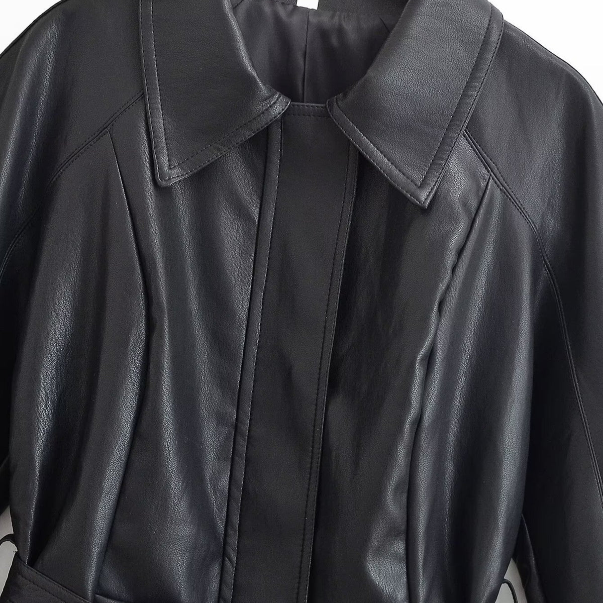 Women's Tailored Leather Look Jacket with Tie Belt and Balloon Sleeves EVA-US