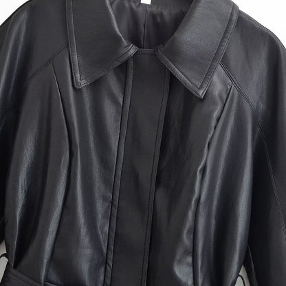 Women's Tailored Leather Look Jacket with Tie Belt and Balloon Sleeves EVA-US