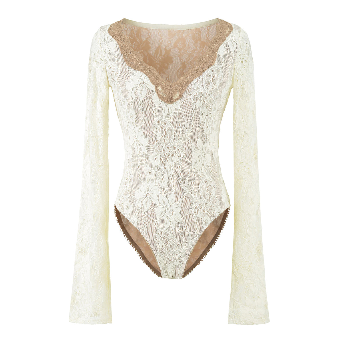 Women's lace bodysuit with long sleeves, deep V-neck and fine tulle lace.