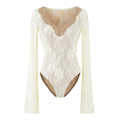 Women's lace bodysuit with long sleeves, deep V-neck and fine tulle lace.
