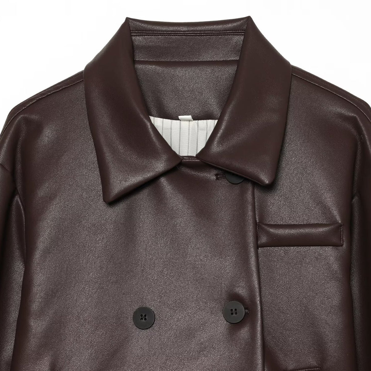 Women's Short Faux Leather Blouson with Double-Breasted Button Placket and Boxy Silhouette EVA-US
