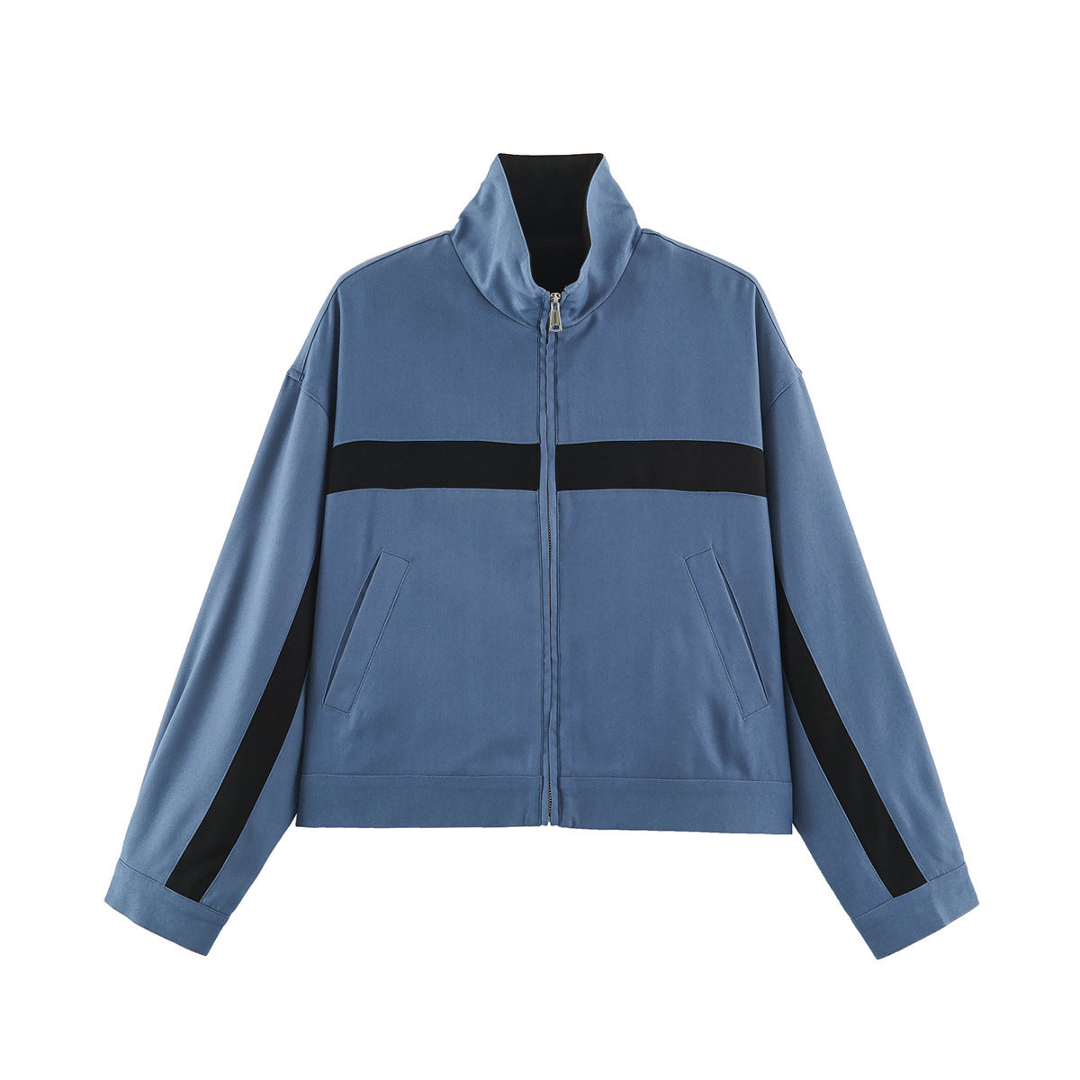 Ladies Cropped Track Jacket with Stand-up Collar, Zipper and Side Contrast Stripes EVA-US