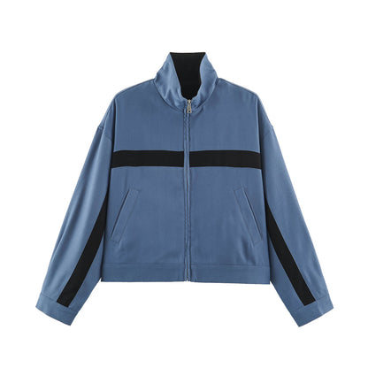 Ladies Cropped Track Jacket with Stand-up Collar, Zipper and Side Contrast Stripes EVA-US