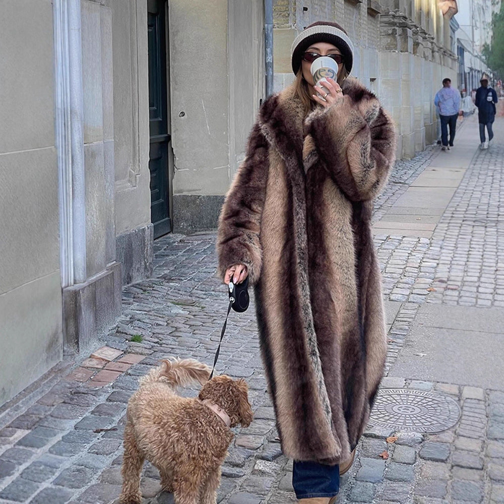 Women Maxilength Oversize Faux Fur Coat with Vintage Cut and Wide Lapel Collar EVA-US