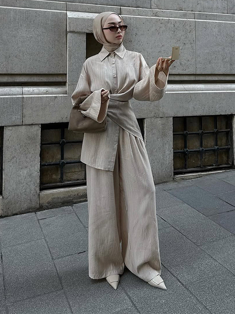 Women's casual tunic set with wrap belt and wide palazzo pants EVA-US