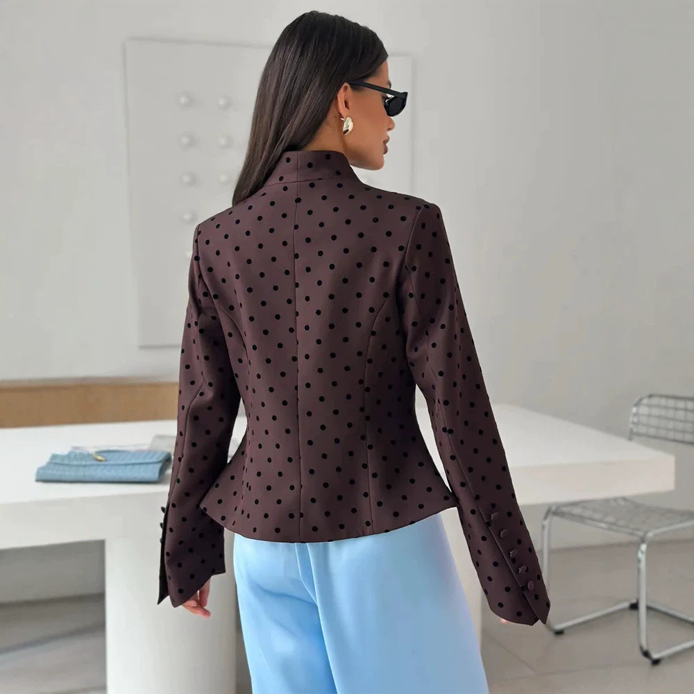 Women's Tailored Stand Collar Blazer with Polka Dot Pattern and Concealed Button Placket EVA-US