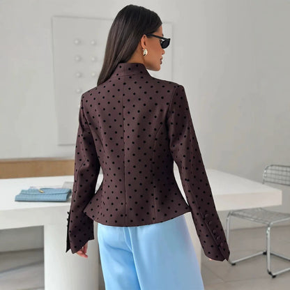 Women's Tailored Stand Collar Blazer with Polka Dot Pattern and Concealed Button Placket EVA-US