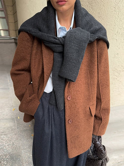 Women Boxy Wool Blend Short Coat with Textured Surface, Notched Collar & Flap Pockets EVA-US