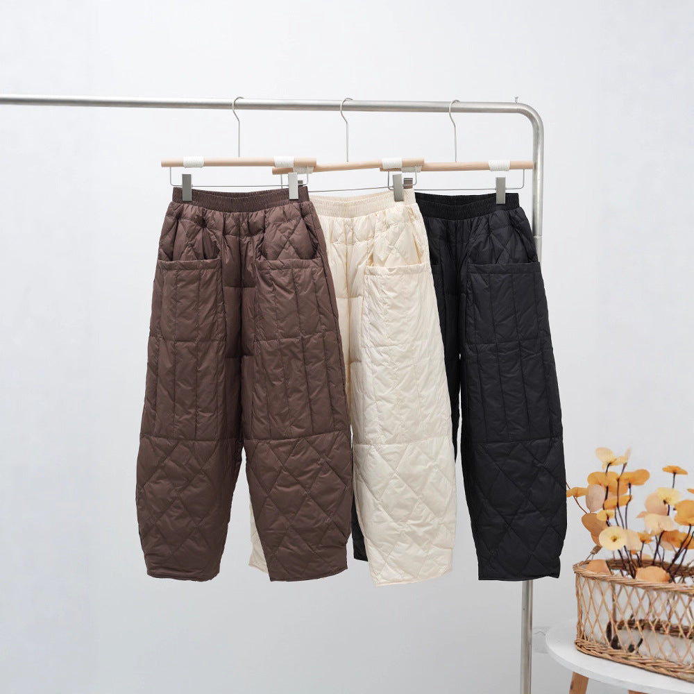 Women's Quilted Oversized Padded Pants with Elastic Waistband and Large Patch Pockets EVA-US