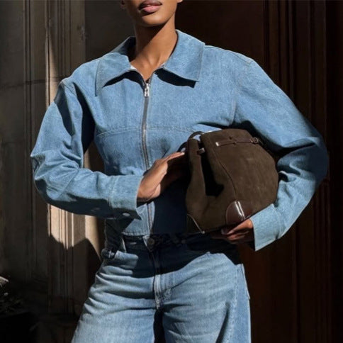 Women's short-cut denim jacket with zip and defined shoulder line EVA-US