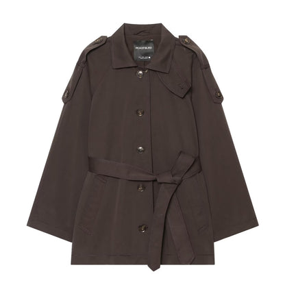 Women Short Trench Cape with Waist Belt, Epaulettes and Patch Pockets EVA-US