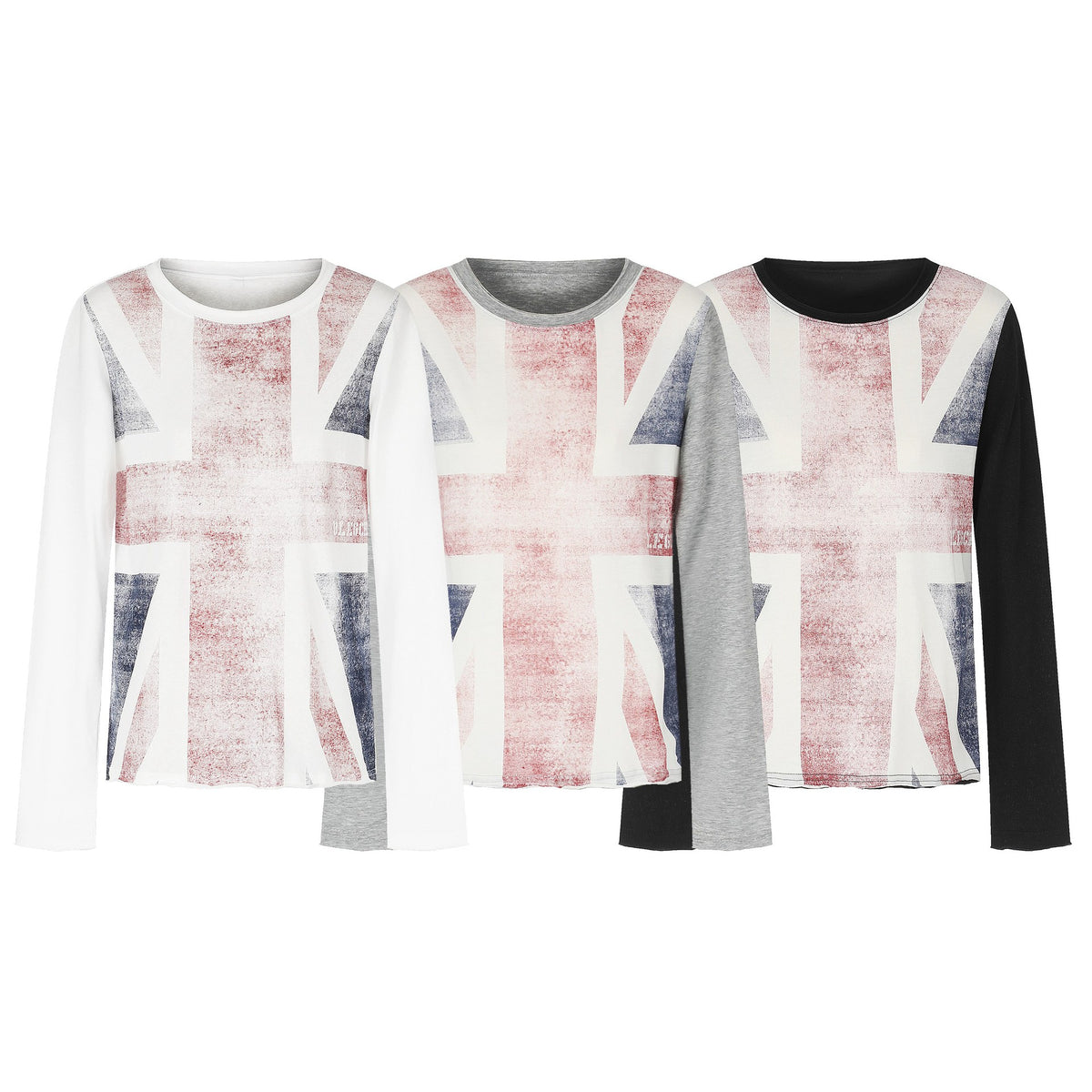 Women’s Crew Neck Long Sleeve made of Cotton Blend with Vintage Union Jack Print and Contrast Sleeves EVA-US