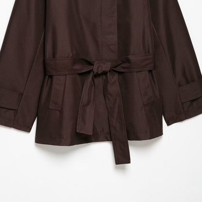 Women's Short Tailored Rain Jacket in Trench Style with Stand Collar and Tie Belt EVA-US
