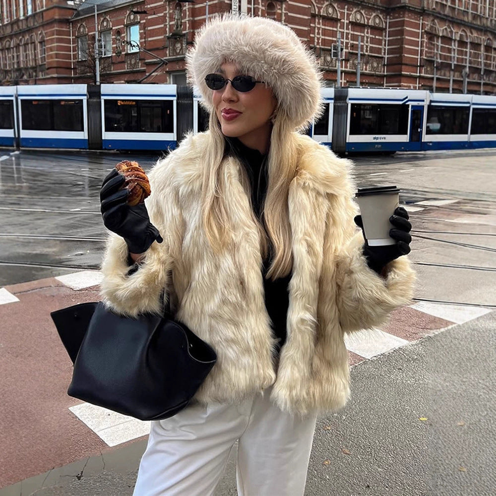 Women's Short Cut Boxy Faux Fur Coat with Long Pile Structure EVA-US