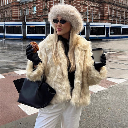 Women's Short Cut Boxy Faux Fur Coat with Long Pile Structure EVA-US