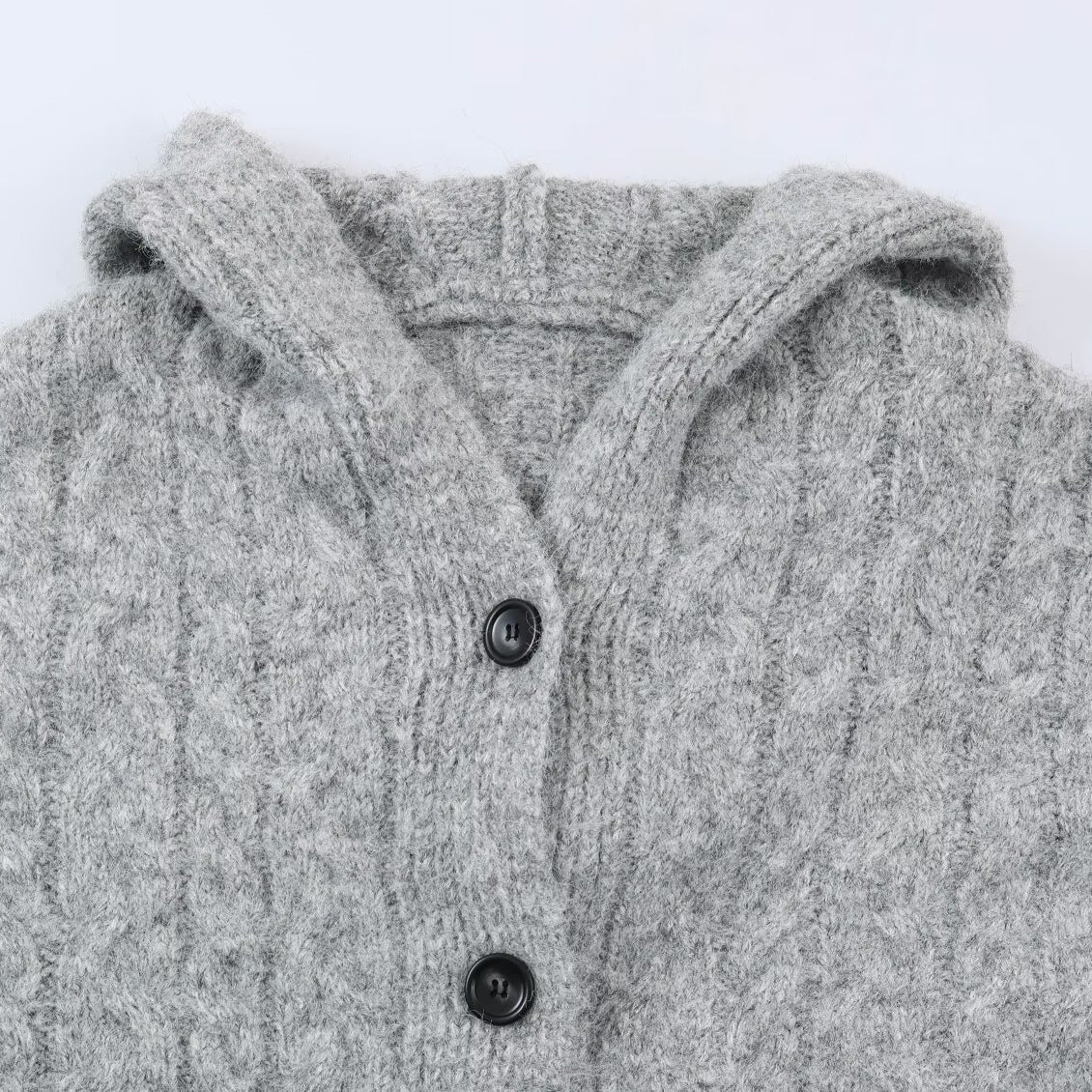 Women's Long Knitted Hooded Cardigan with Cable Pattern and Button Placket EVA-US