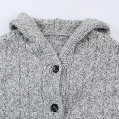 Women's Long Knitted Hooded Cardigan with Cable Pattern and Button Placket EVA-US