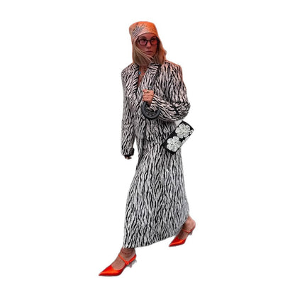 Women's two-piece zebra pattern coat and mini skirt set made of textured woven fabric EVA-US