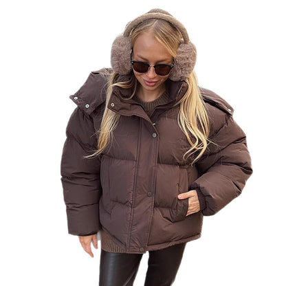 Women's short-cut oversized quilted jacket with high stand-up collar and concealed snap button placket EVA-US