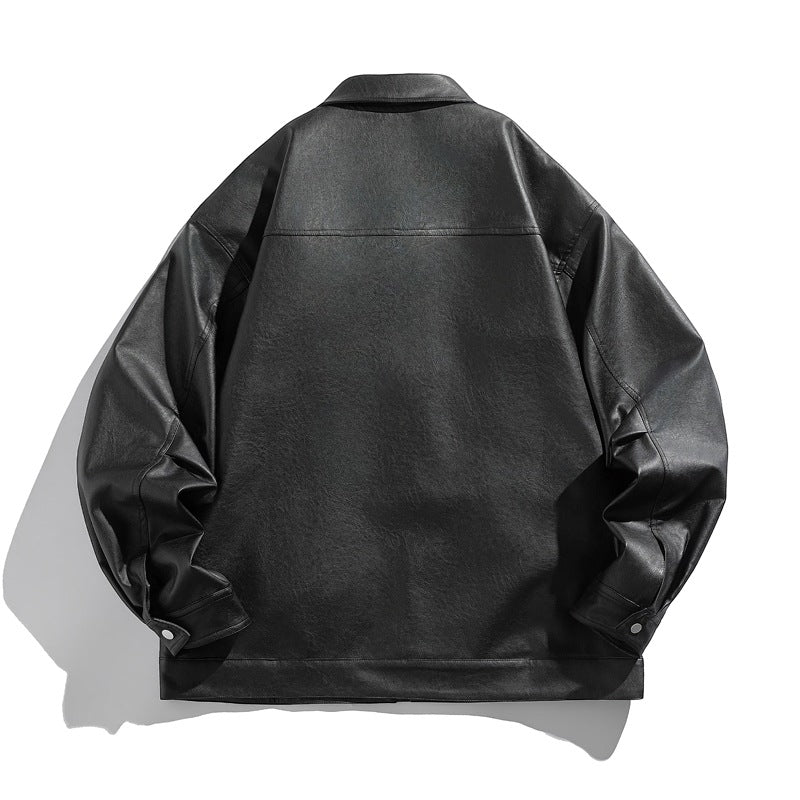 Men's short-cut boxy faux leather jacket with high collar and zipper chest pockets EVA-US