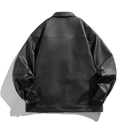 Men's short-cut boxy faux leather jacket with high collar and zipper chest pockets EVA-US