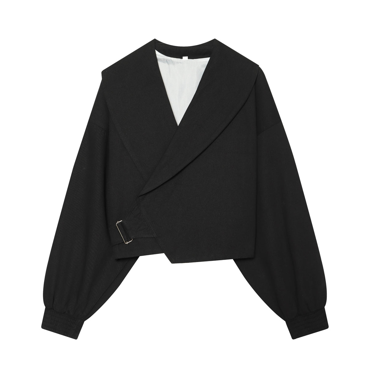 Women's short jacket with wide sailor collar, balloon sleeves, and asymmetrical buckle closure EVA-US