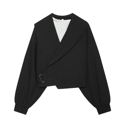 Women's short jacket with wide sailor collar, balloon sleeves, and asymmetrical buckle closure EVA-US