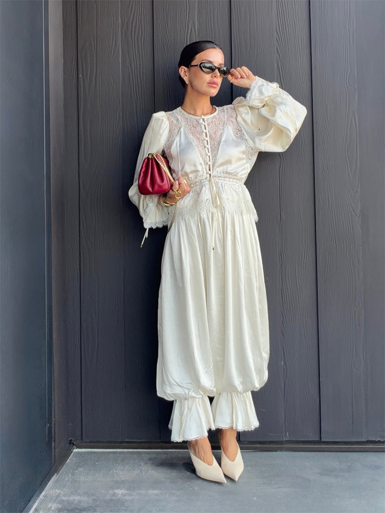 Women's One-Piece Satin Jumpsuit with Lace Yoke, Puff Sleeves, and Voluminous Harem Pants EVA-US